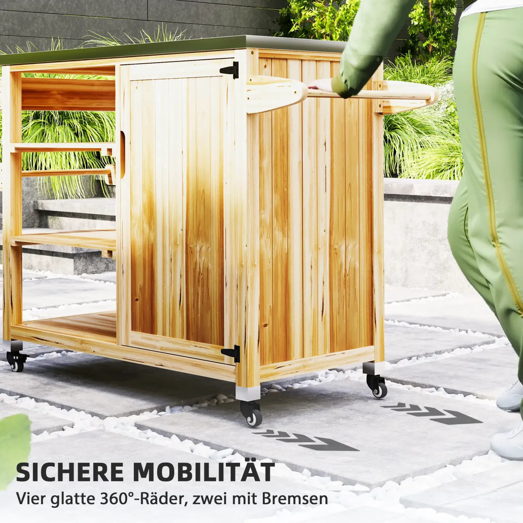 Outsunny Grillwagen Outdoor Kücheninsel mit Rollen Massivholz