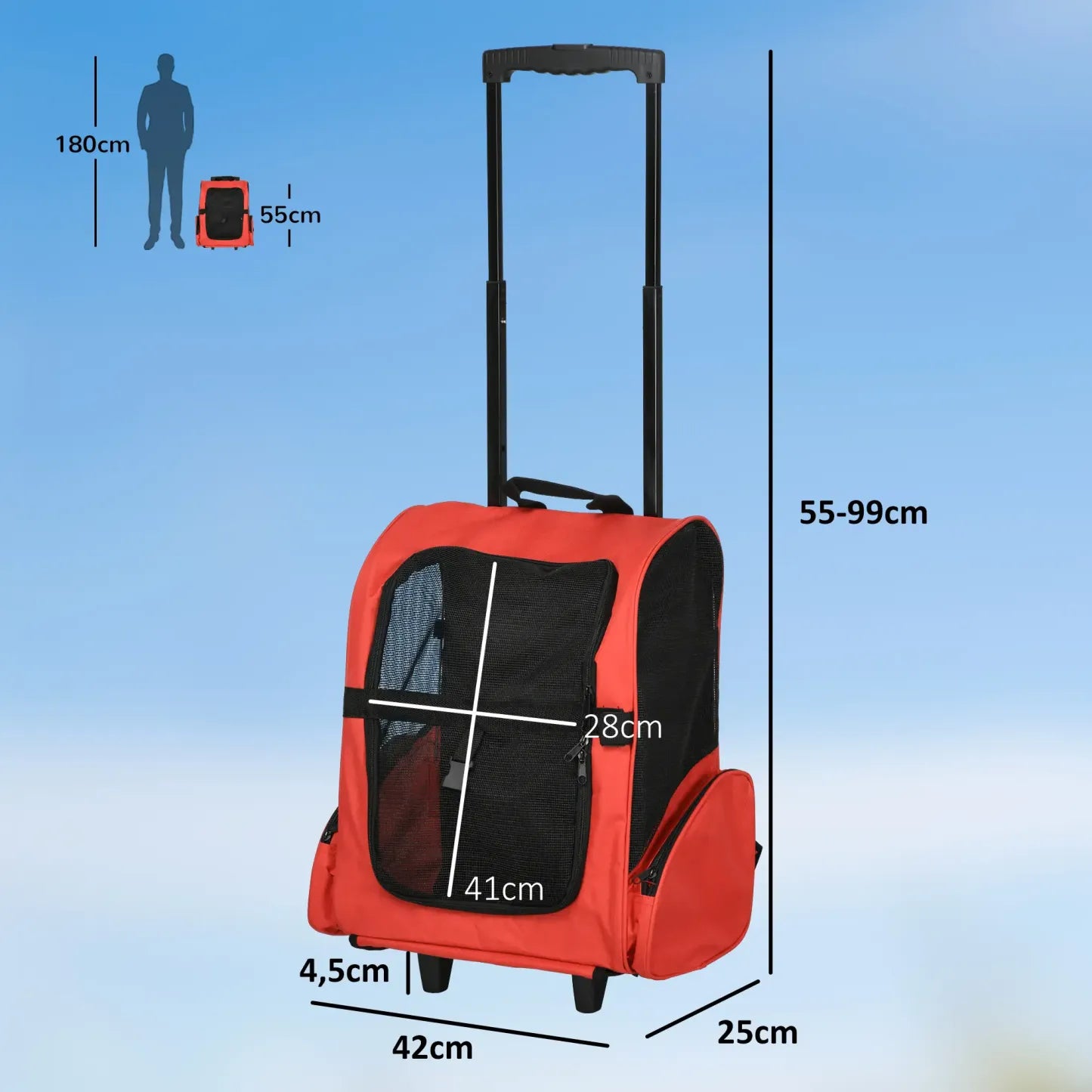 PawHut Hundetrolley Tragetasche 2in1 Rucksack mit Rollen höhenverstellbar