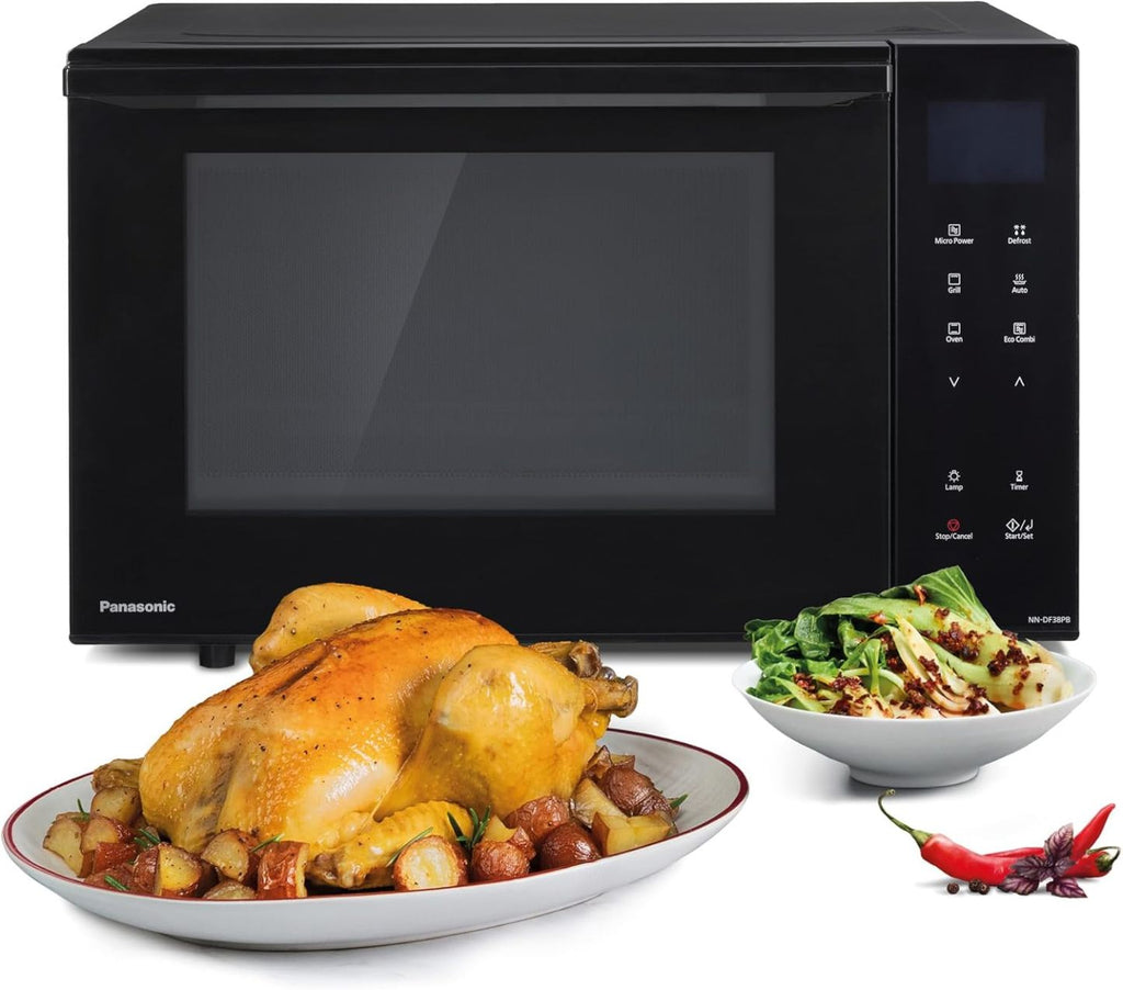 Panasonic NN-DF38PBEPG Kombi-Mikrowelle & Grill, 1000 W, 23 l, Inverter-Tech, Eco Kombi Modus, Flachbett, 16 Auto-Programme & Auftau-Modi, emailliertes Blech, Gitterrost, leichte Reinigung, Schwarz
