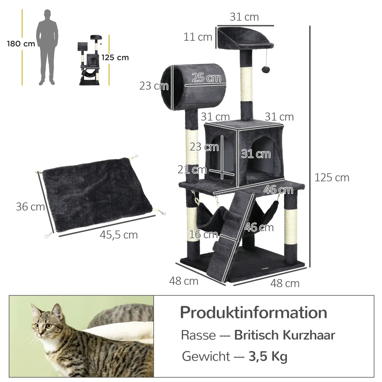 PawHut Kratzbaum Katzenmöbel mit Katzenhaus Hängematte Spielzeug