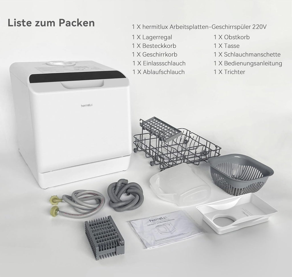 Hermitlux Mini Geschirrspüler, Spülmaschine für 4 Bestecksätze, 5 Liter Wassertank, 6 Programme Mini Tischgeschirrspüler, Perfekt für Wohnungen, Schlafsäle, Camping, Weiß