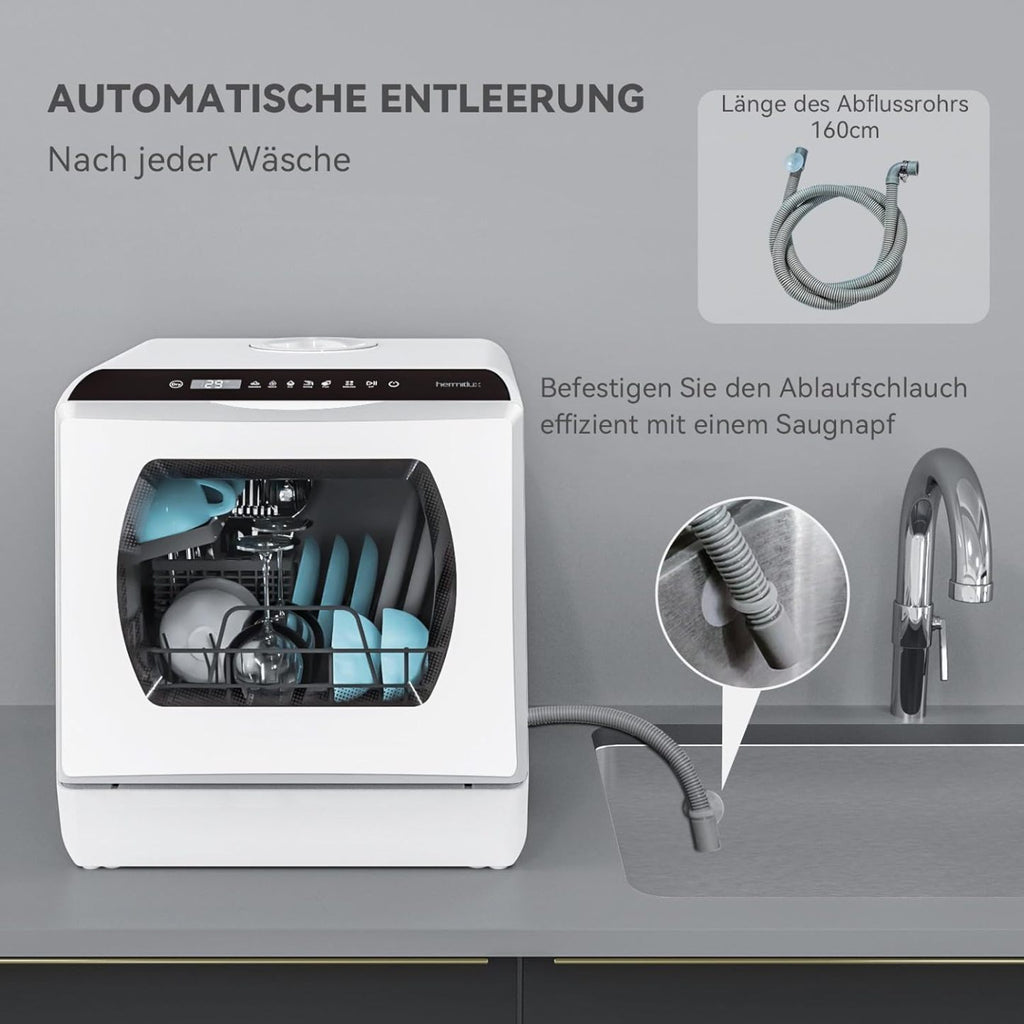 Hermitlux Mini Geschirrspüler, Spülmaschine für 4 Bestecksätze, 5 Liter Wassertank, 6 Programme Mini Tischgeschirrspüler, Perfekt für Wohnungen, Schlafsäle, Camping, Weiß