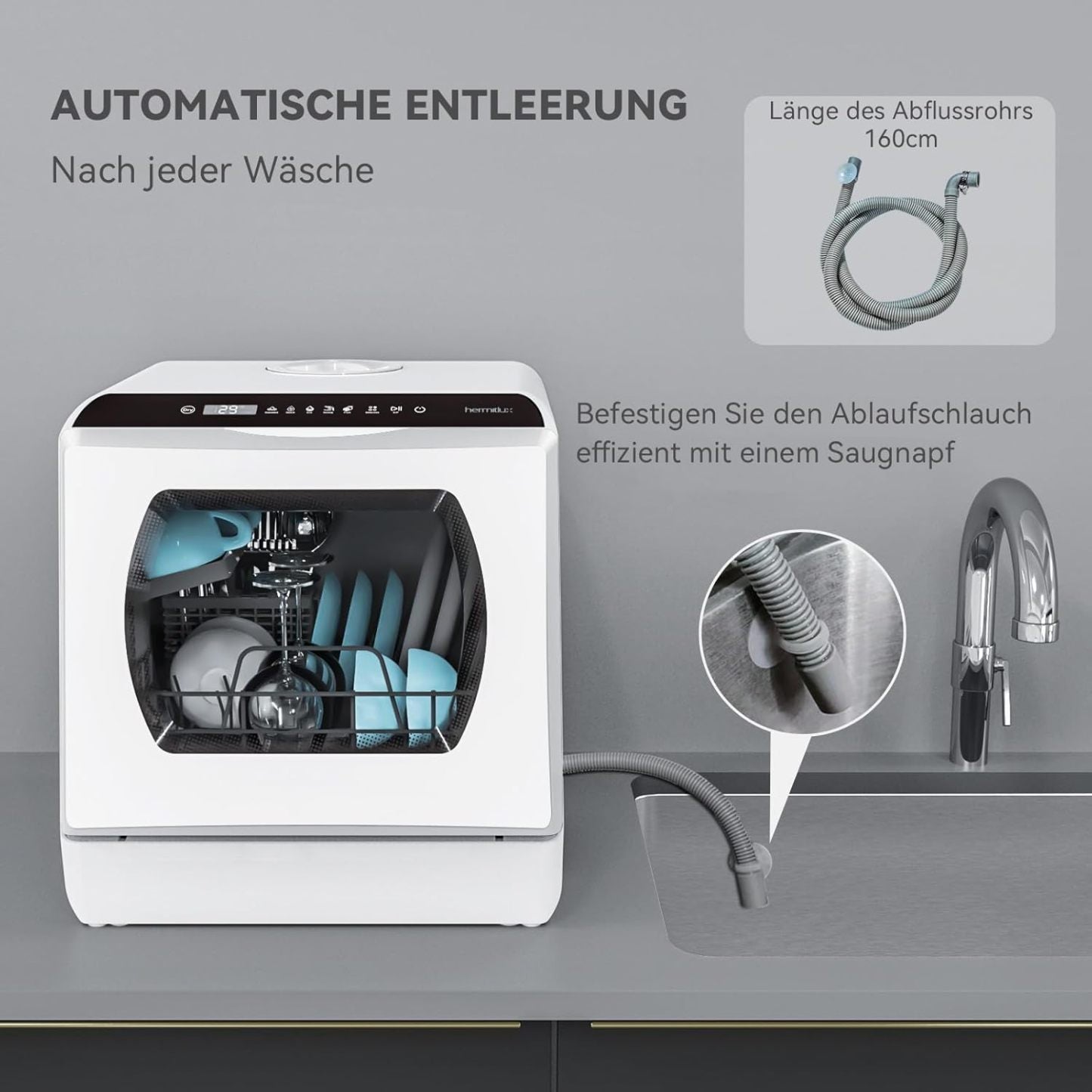 Hermitlux Mini Geschirrspüler, Spülmaschine für 4 Bestecksätze, 5 Liter Wassertank, 6 Programme Mini Tischgeschirrspüler, Perfekt für Wohnungen, Schlafsäle, Camping, Weiß
