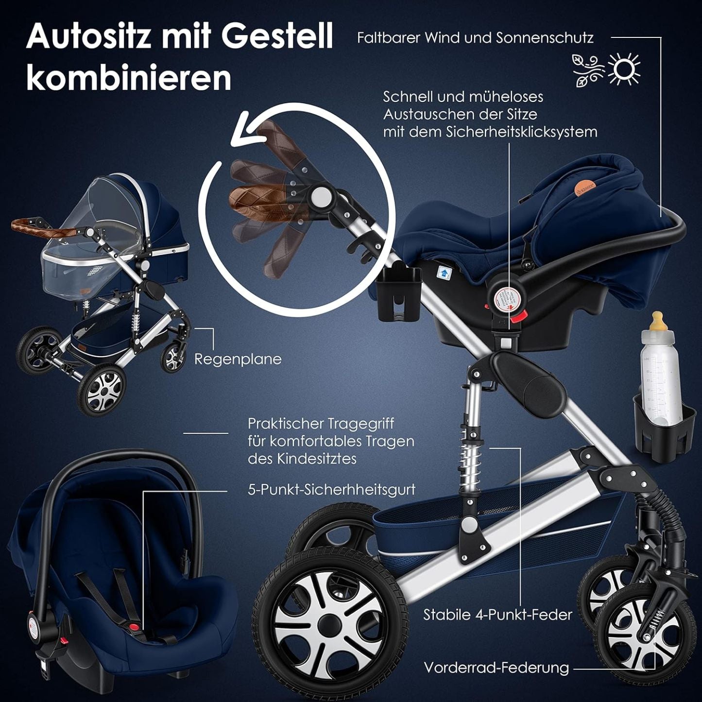 KESSER Loops 3 in 1 Kinderwagen Kombikinderwagen Komplett-Set inkl. Babywanne & Buggy Sportsitz & Auto-Babyschale Voll-Gummireifen Wickeltasche Regenschutz Kindertisch ECE R129, Schwarz/Champagne