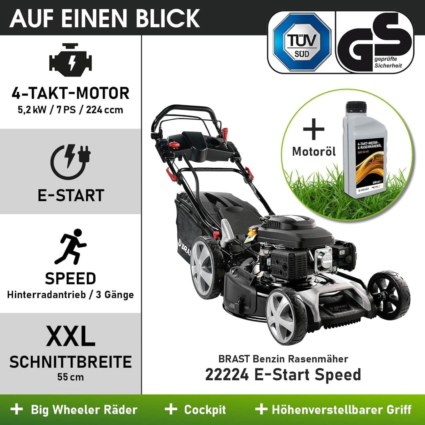 BRAST Benzin Rasenmäher mit Antrieb | 5,2kW (7PS) | 55cm Schnittbreite | viele Modelle | TÜV | 30-80mm Schnitthöhe | 60L Fangkorb | 4 Takt OHV Motor | Stahlgehäuse | Power