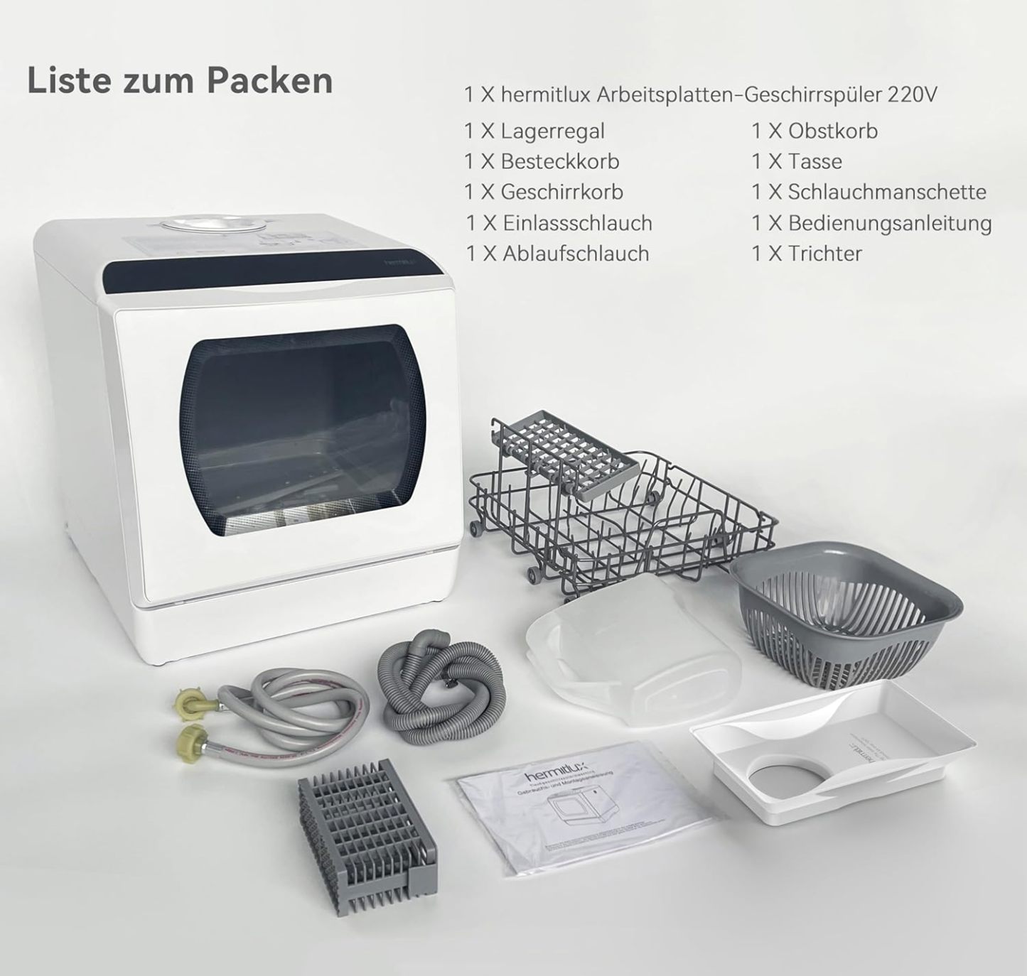 Hermitlux Mini Geschirrspüler, Spülmaschine für 4 Bestecksätze, 5 Liter Wassertank, 6 Programme Mini Tischgeschirrspüler, Perfekt für Wohnungen, Schlafsäle, Camping, Weiß