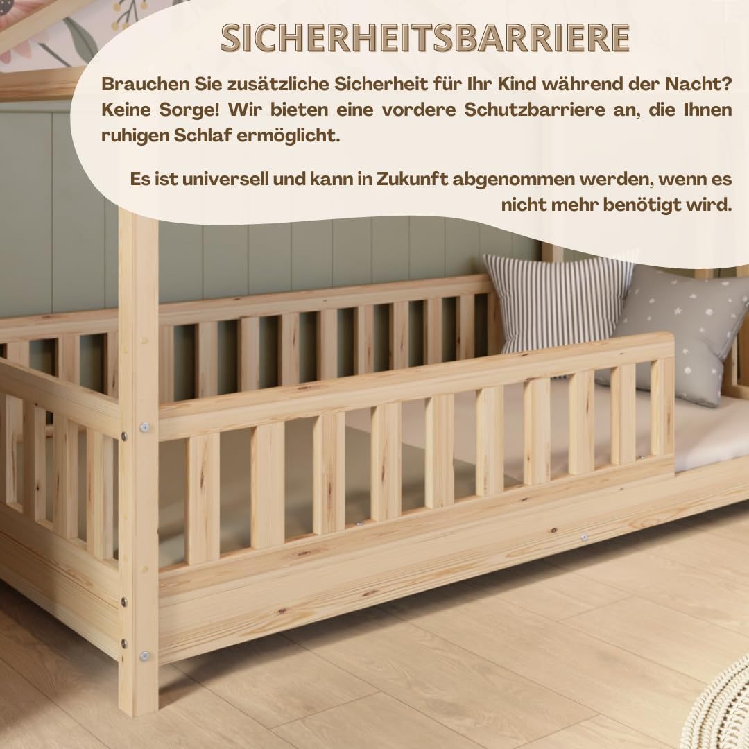 Crazy Pine Hausbett mit Schubladen 200x90 cm – Kinderbett aus Naturholz mit Rausfallschutz – Montessori Bodenbett mit zusätzlichen Stauraum und und Abnehmbarer Barriere - Crazy House