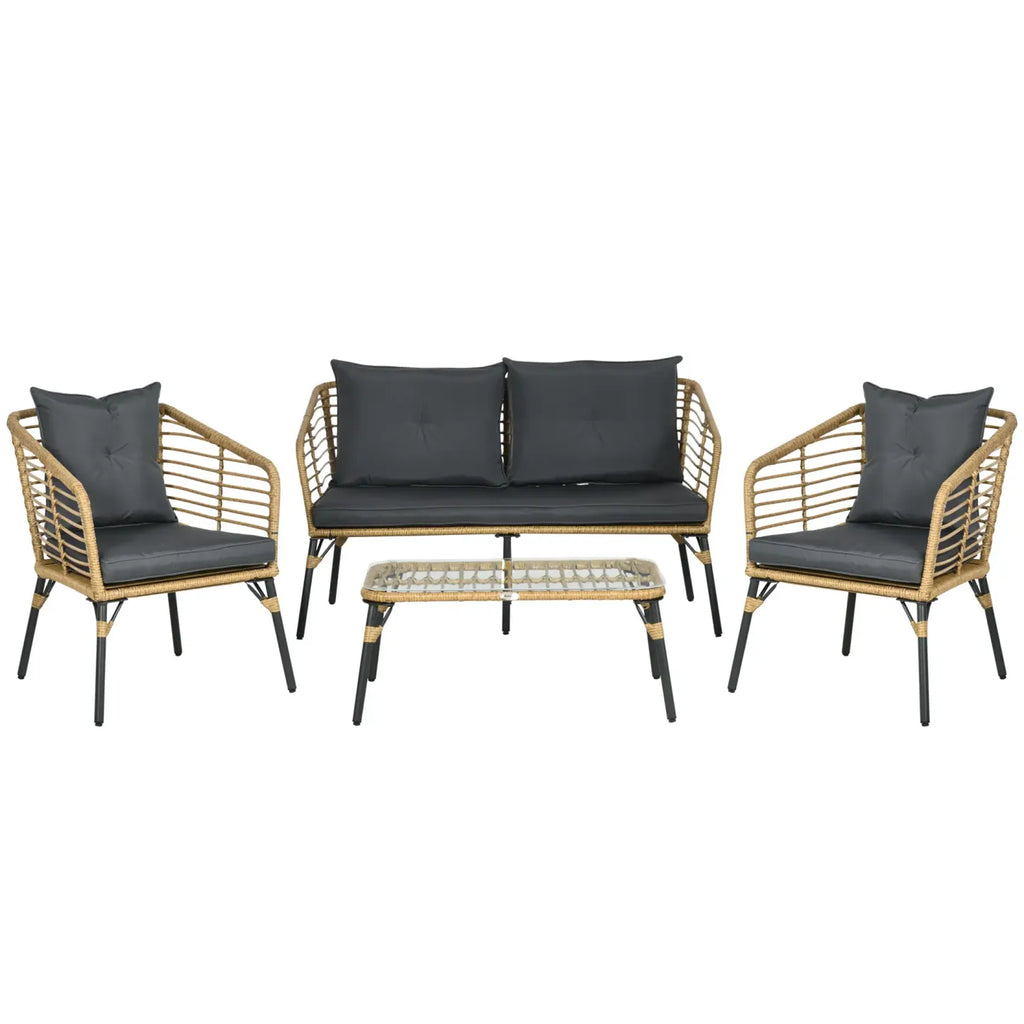 Outsunny Polyrattan Gartensofa-Set 4-tlg. Boho-Stil Glas-Couchtisch
