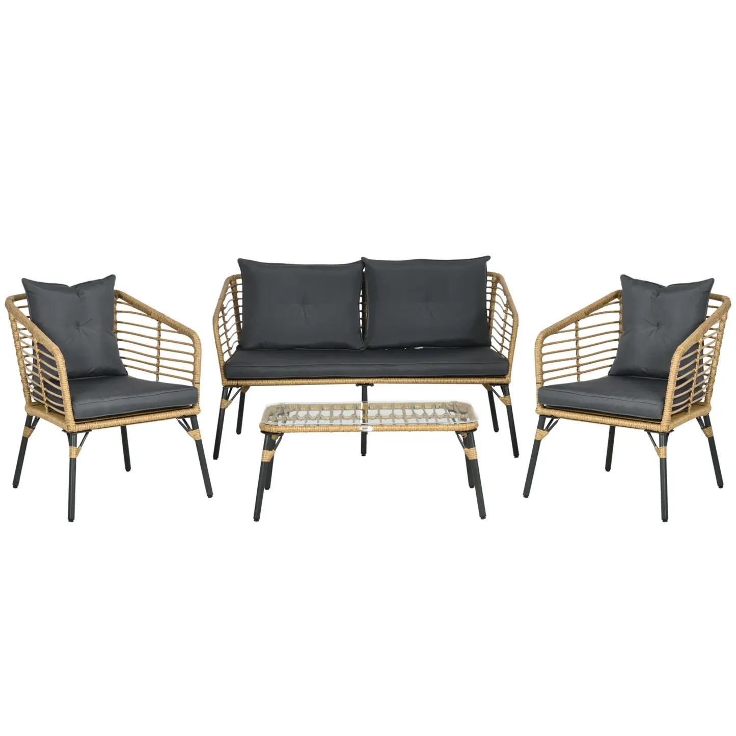 Outsunny Polyrattan Gartensofa-Set 4-tlg. Boho-Stil Glas-Couchtisch