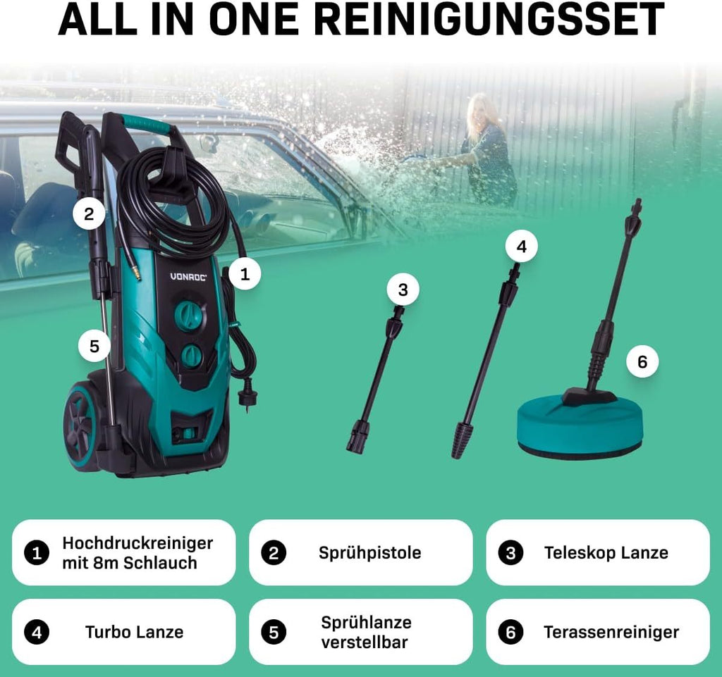 VONROC Profi Hochdruckreiniger 195bar - Fassadenreiniger für schwere Reinigungsarbeiten [2500W] - Hoher Durchfluss [468 l/h] Reinigungstank, Aluminium Pumpe - inkl. Terassenreiniger