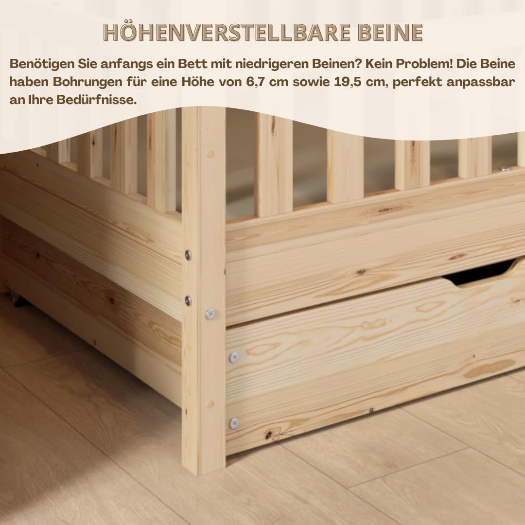 Crazy Pine Hausbett mit Schubladen 200x90 cm – Kinderbett aus Naturholz mit Rausfallschutz – Montessori Bodenbett mit zusätzlichen Stauraum und und Abnehmbarer Barriere - Crazy House