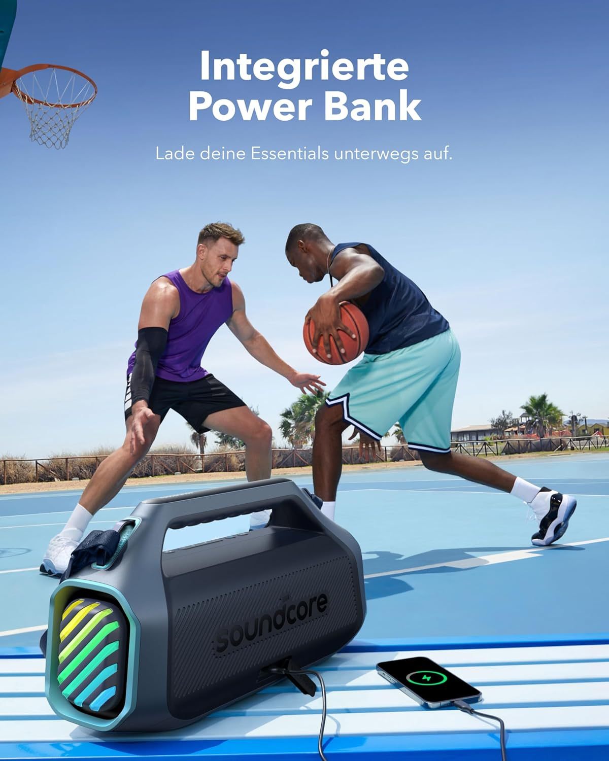soundcore Boom 2 Plus Outdoor Lautsprecher, 140W, 2+2 Channel, BassUp 2.0, 20h, Schnellladung, IPX7 wasserdicht, RGB Lichter, USB-C, Power Bank, BT 5.3, tragbarer Bluetooth Lautsprecher, Camping