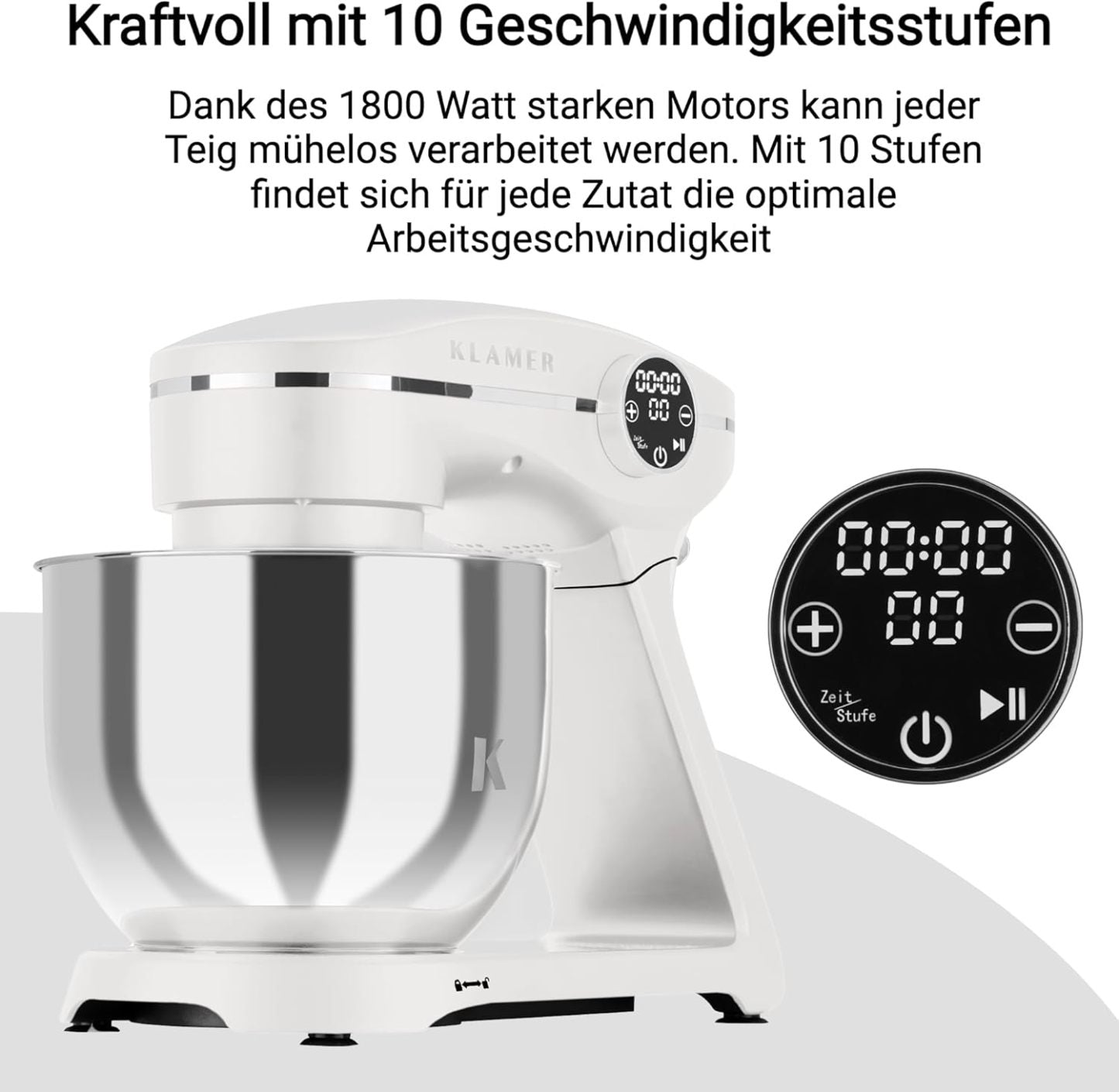 KLAMER Küchenmaschine 1800W, Knetmaschine Brotteig mit Edelstahl-Rührschüssel 6 L, 10 Stufen mit Timer, Planetenrührwerk, Rührbesen, Knethaken, Schneebesen & Sichtdeckel (schwarz)
