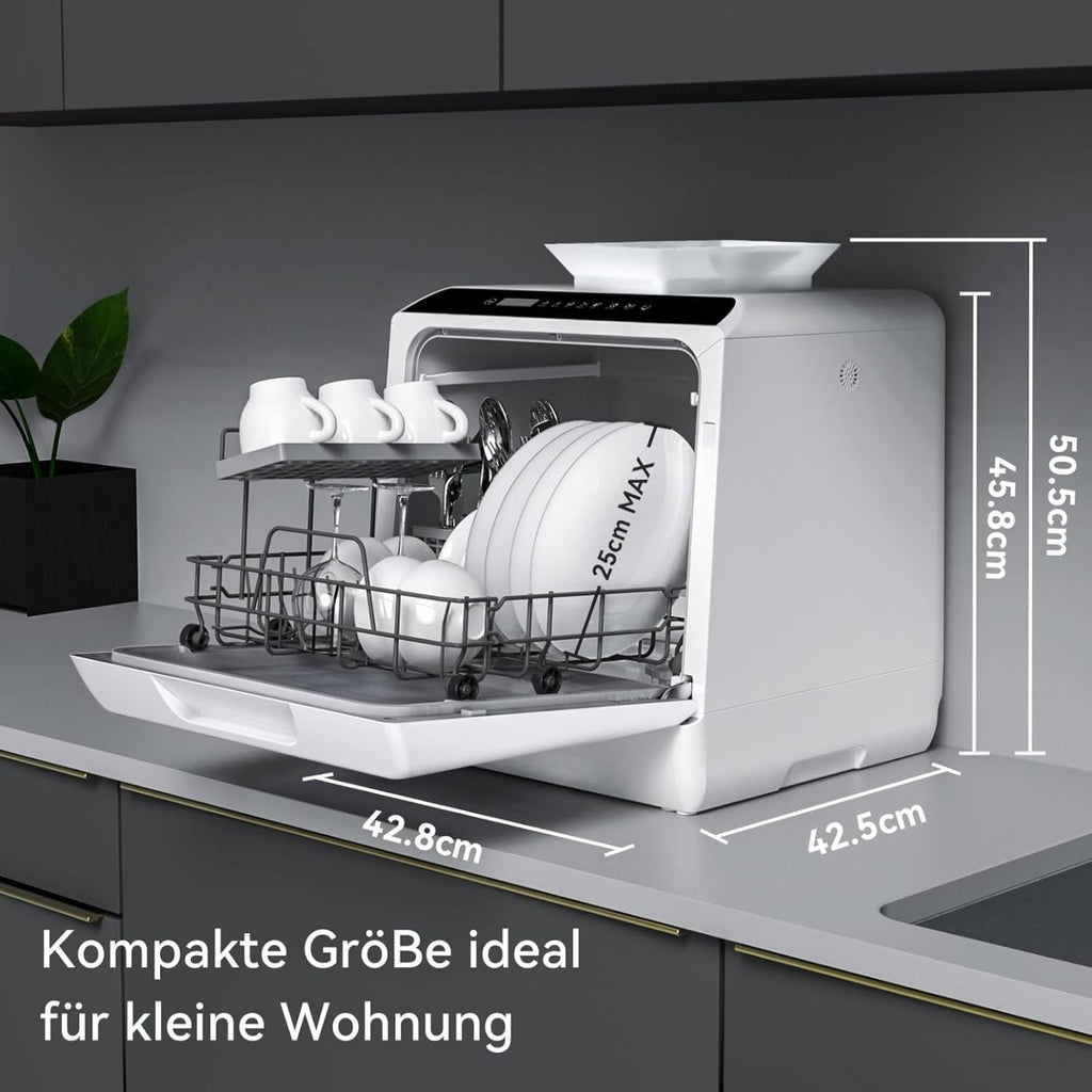 Hermitlux Mini Geschirrspüler, Spülmaschine für 4 Bestecksätze, 5 Liter Wassertank, 6 Programme Mini Tischgeschirrspüler, Perfekt für Wohnungen, Schlafsäle, Camping, Weiß