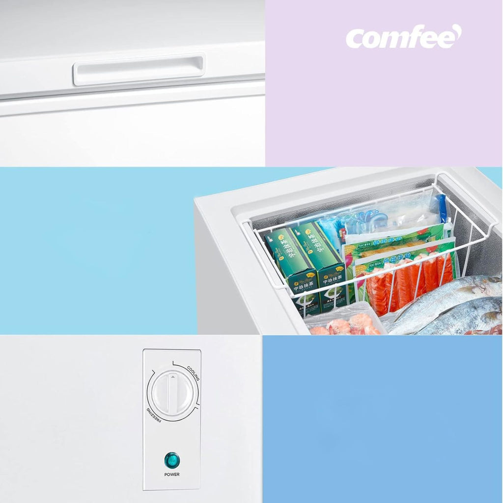 Comfee RCC100WH2(E) Gefriertruhe/169 kWh/Jahr/85cm hoch/99L/38dB/Geringe Lautstärke/Hoch effizientesD-förmigesRohr/Geeignet für verschiedene Einsatzszenarien/Einstellbarer Temperaturregler/Weiß