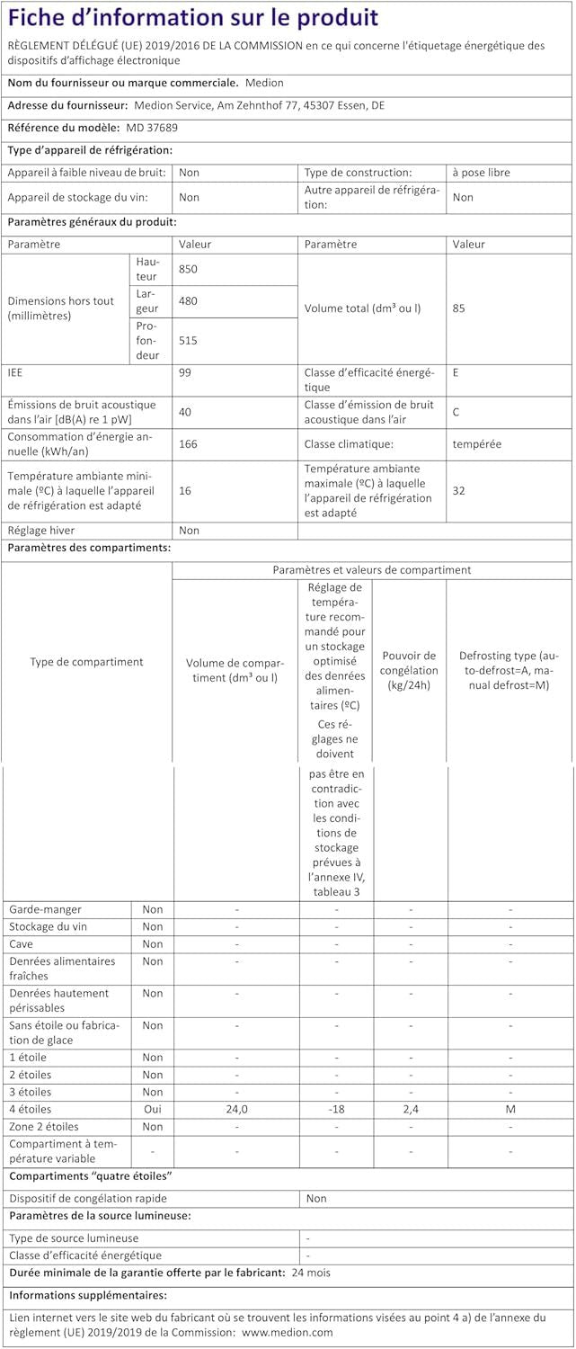 MEDION Mini Kühl-Gefrierkombination (85 Liter, 61L Kühlteil, 24L Gefrierteil, freistehend, 40 dB, transparente Gemüseschublade, Türanschlag wechselbar, MD 37689) grau