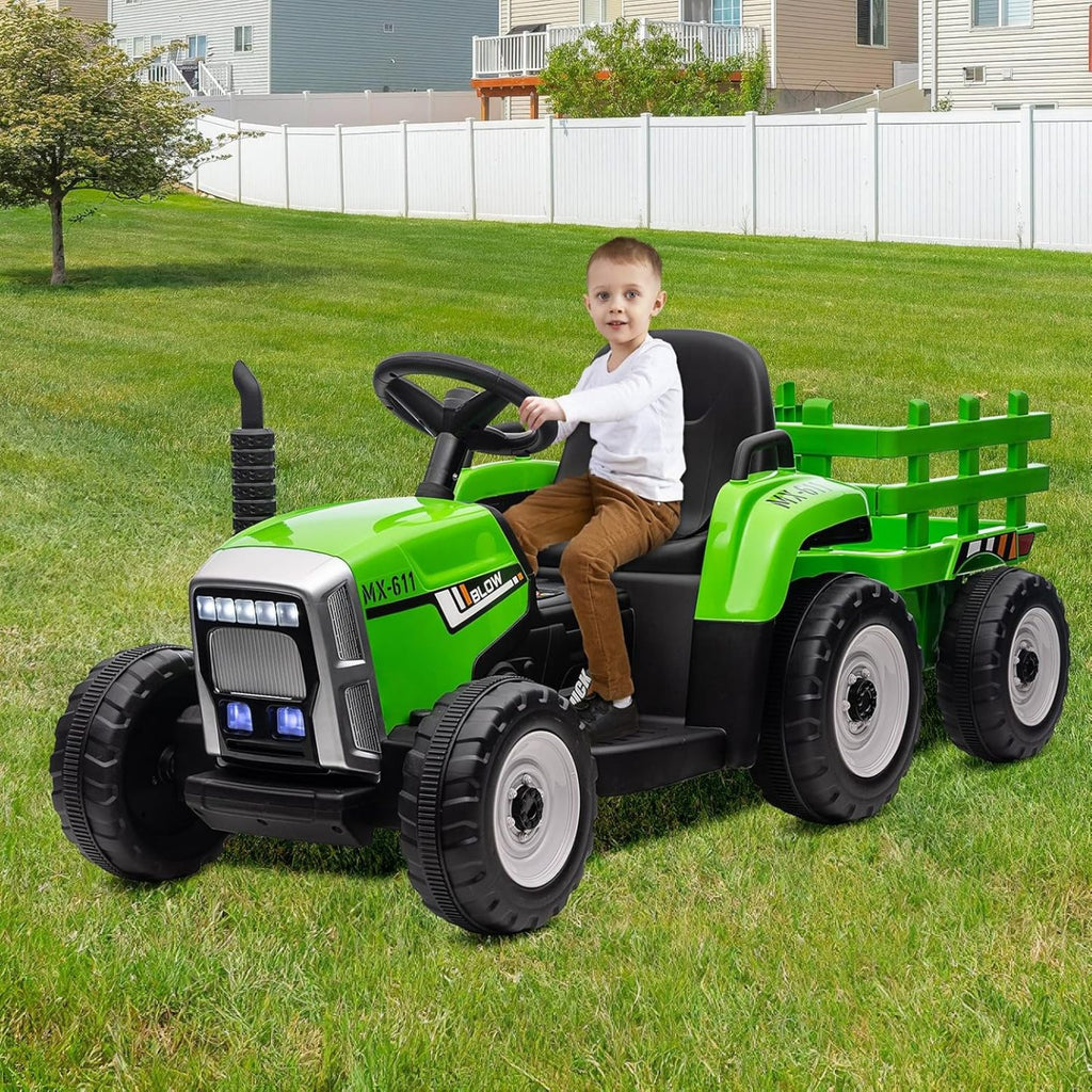 HAUSPROFI 12V 3-Gang Kinder Elektroauto mit Anhänger, Elektro Traktor 2 Fahrmodi, 2,4G-Fernbedienung, Kinder Traktor LED-Licht, Bluetooth, Musik, USB, Elektrischer Traktor für kinder ab 3 Jahren, Grün