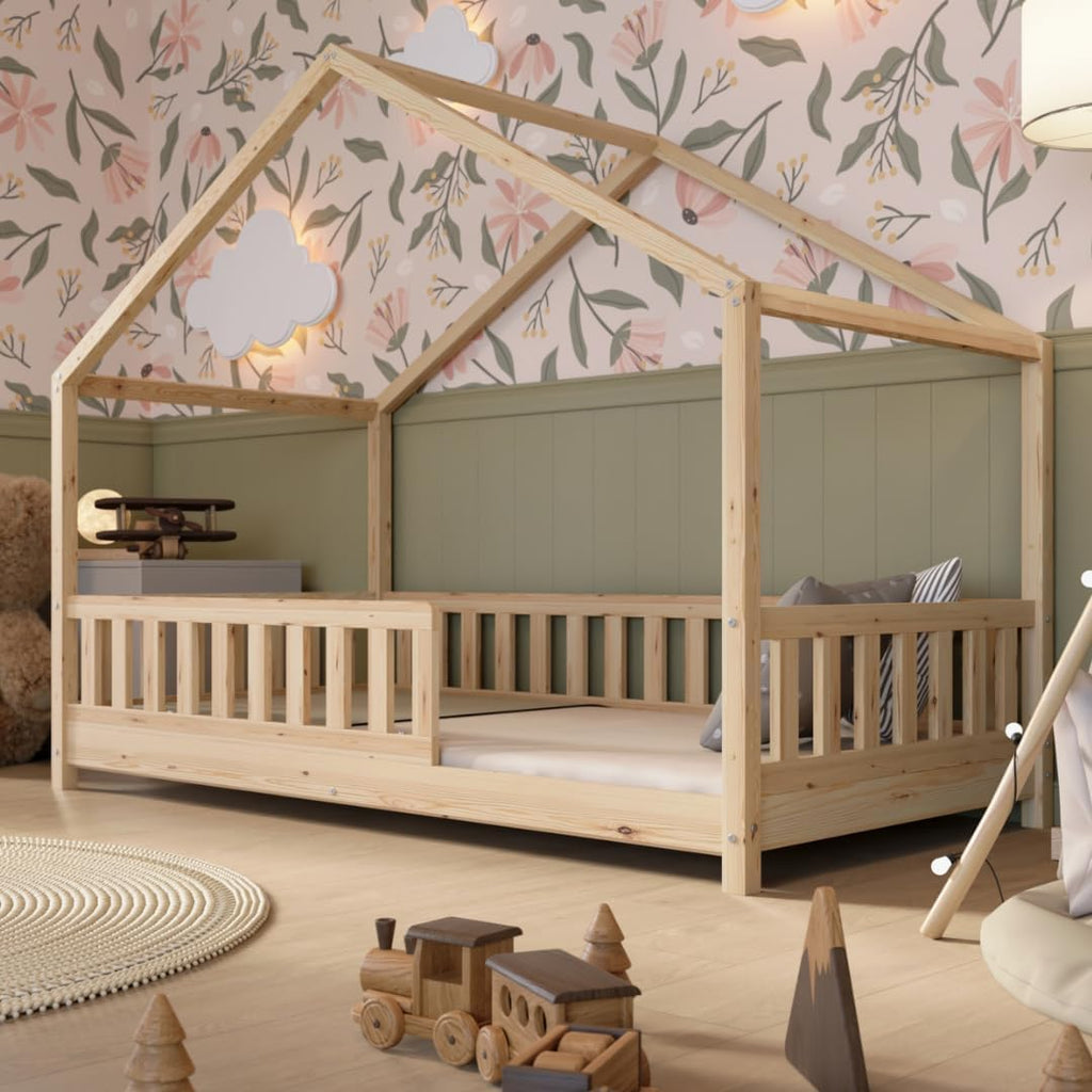 Crazy Pine Hausbett mit Schubladen 200x90 cm – Kinderbett aus Naturholz mit Rausfallschutz – Montessori Bodenbett mit zusätzlichen Stauraum und und Abnehmbarer Barriere - Crazy House