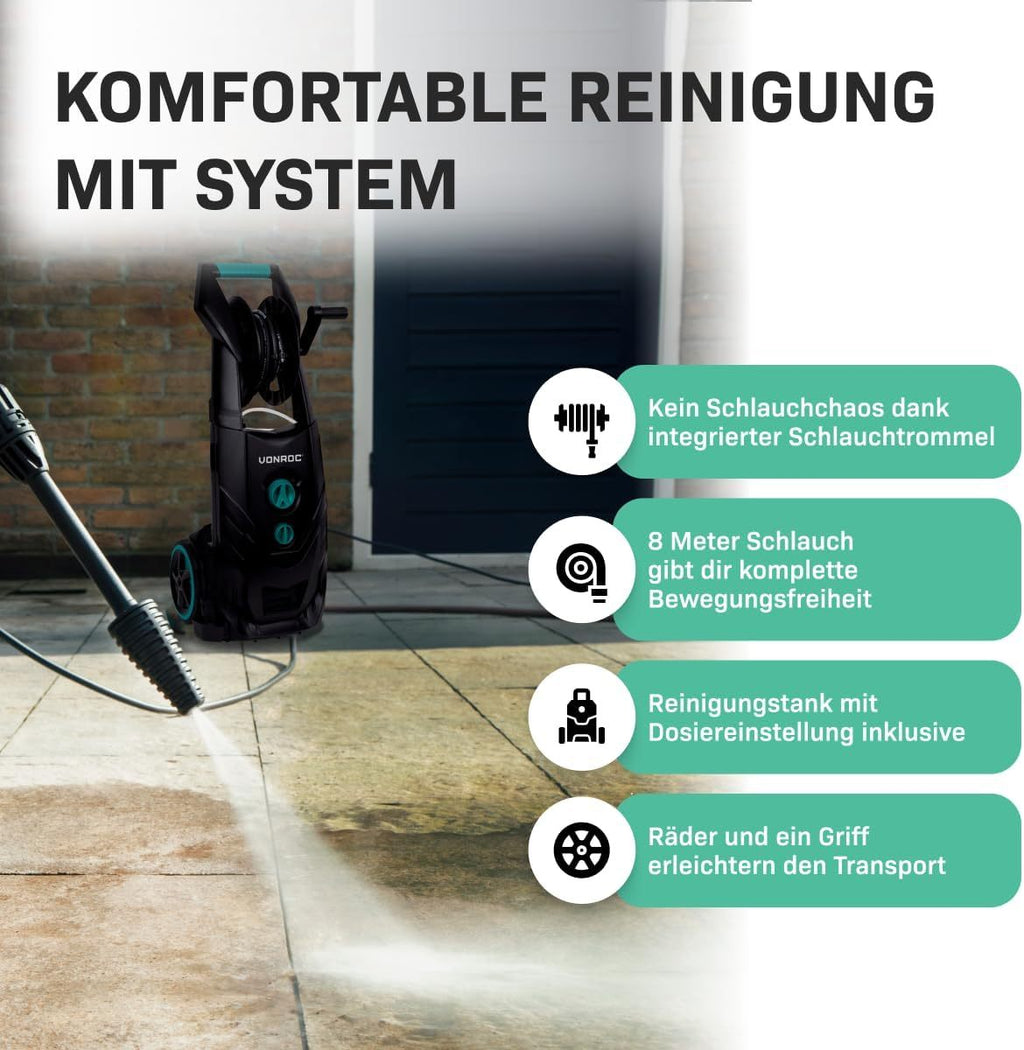 VONROC Profi Hochdruckreiniger 195bar - Fassadenreiniger für schwere Reinigungsarbeiten [2500W] - Hoher Durchfluss [468 l/h] Reinigungstank, Aluminium Pumpe - inkl. Terassenreiniger