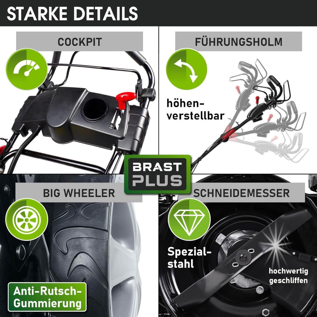 BRAST Benzin Rasenmäher mit Antrieb | 5,2kW (7PS) | 55cm Schnittbreite | viele Modelle | TÜV | 30-80mm Schnitthöhe | 60L Fangkorb | 4 Takt OHV Motor | Stahlgehäuse | Power