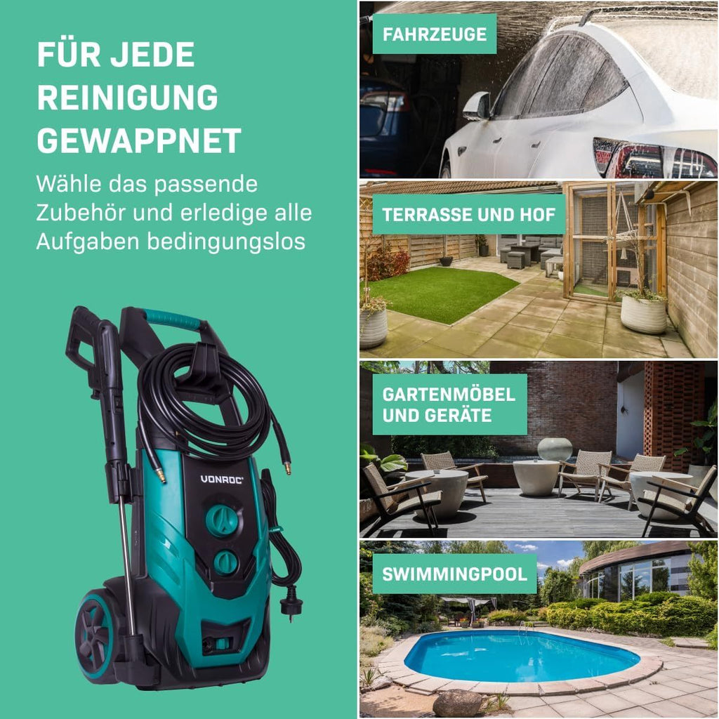 VONROC Profi Hochdruckreiniger 195bar - Fassadenreiniger für schwere Reinigungsarbeiten [2500W] - Hoher Durchfluss [468 l/h] Reinigungstank, Aluminium Pumpe - inkl. Terassenreiniger