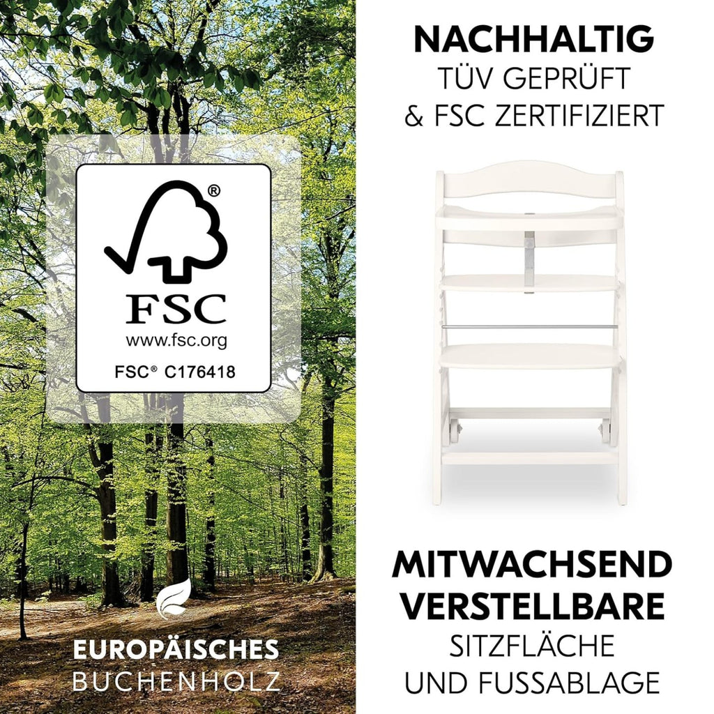 hauck Hochstuhl Beta+ Newborn Set Eco Bouncer - mitwachsender Holz Babyhochstuhl ab Geburt, inkl. Neugeborenenaufsatz, Sitzpolster und Essbrett - Dark Grey