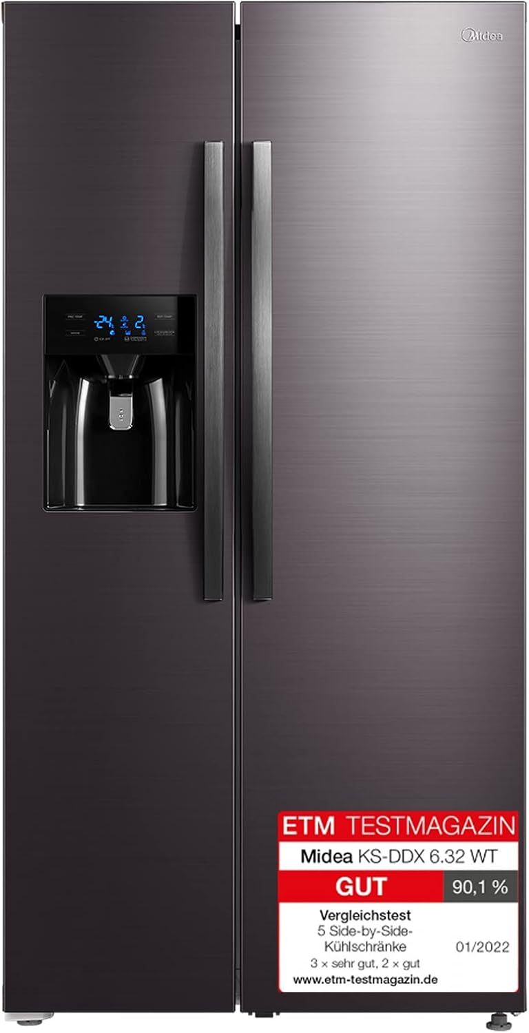 Midea KS-DDX 6.32 WT Side-by-Side Kühl-/Gefrierkombination/ 178,8 cm Hhe/ 254 kWh/Jahr/No Frost/Dual Inverter Compressor/mit 3in1 Wasser-/Eisspender und Wassertank, Dark Inox