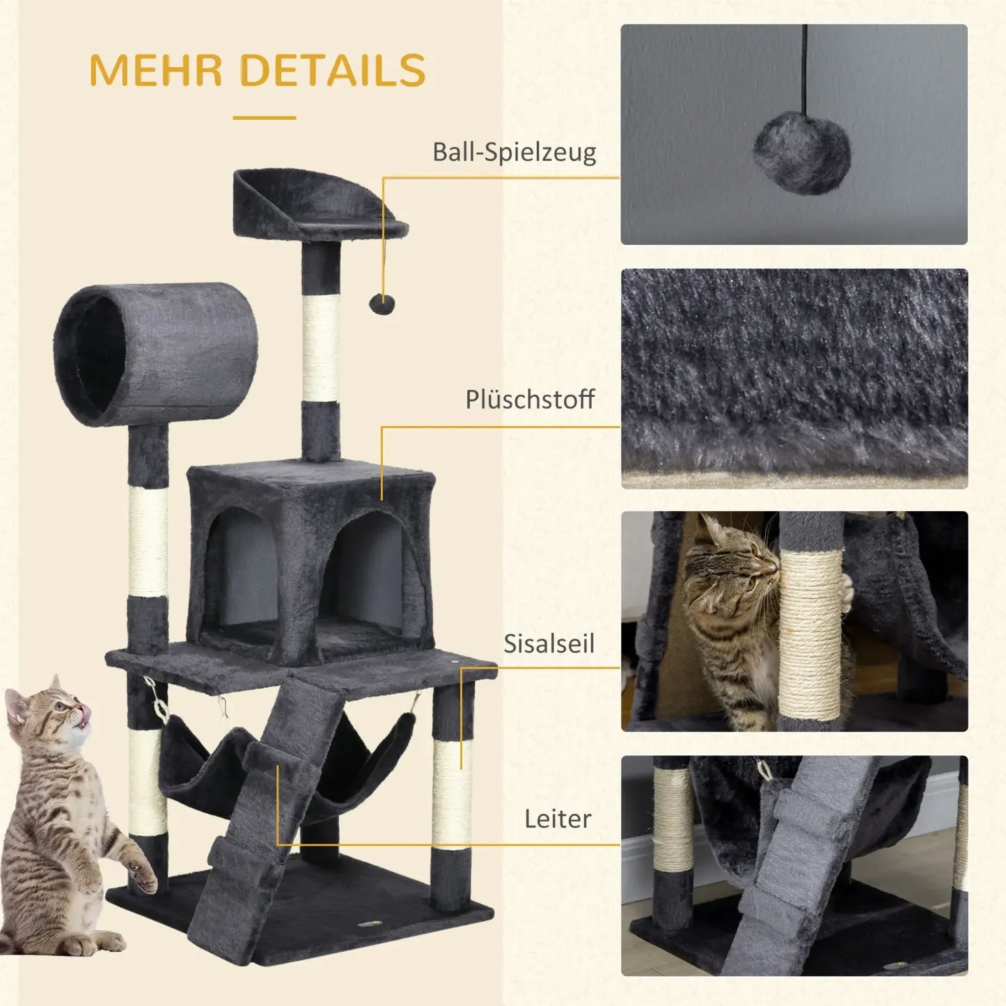 PawHut Kratzbaum Katzenmöbel mit Katzenhaus Hängematte Spielzeug