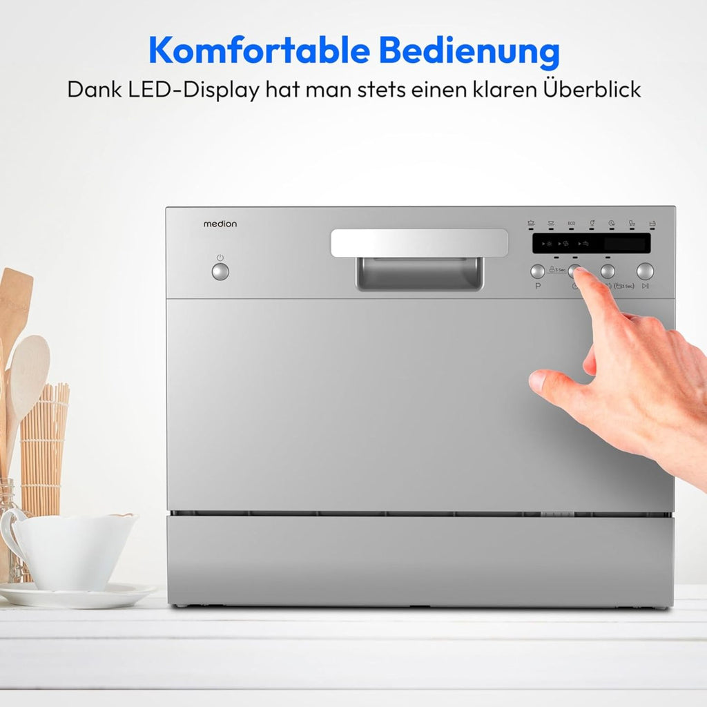 MEDION Tischgeschirrspüler DWT60 (6 Gedecke Fassungsvermögen, 7 Programme, ECO Programm, ca. 6,5 Liter Verbrauch, AquaStop, LED Display, Kindersicherung, MD37496) silber