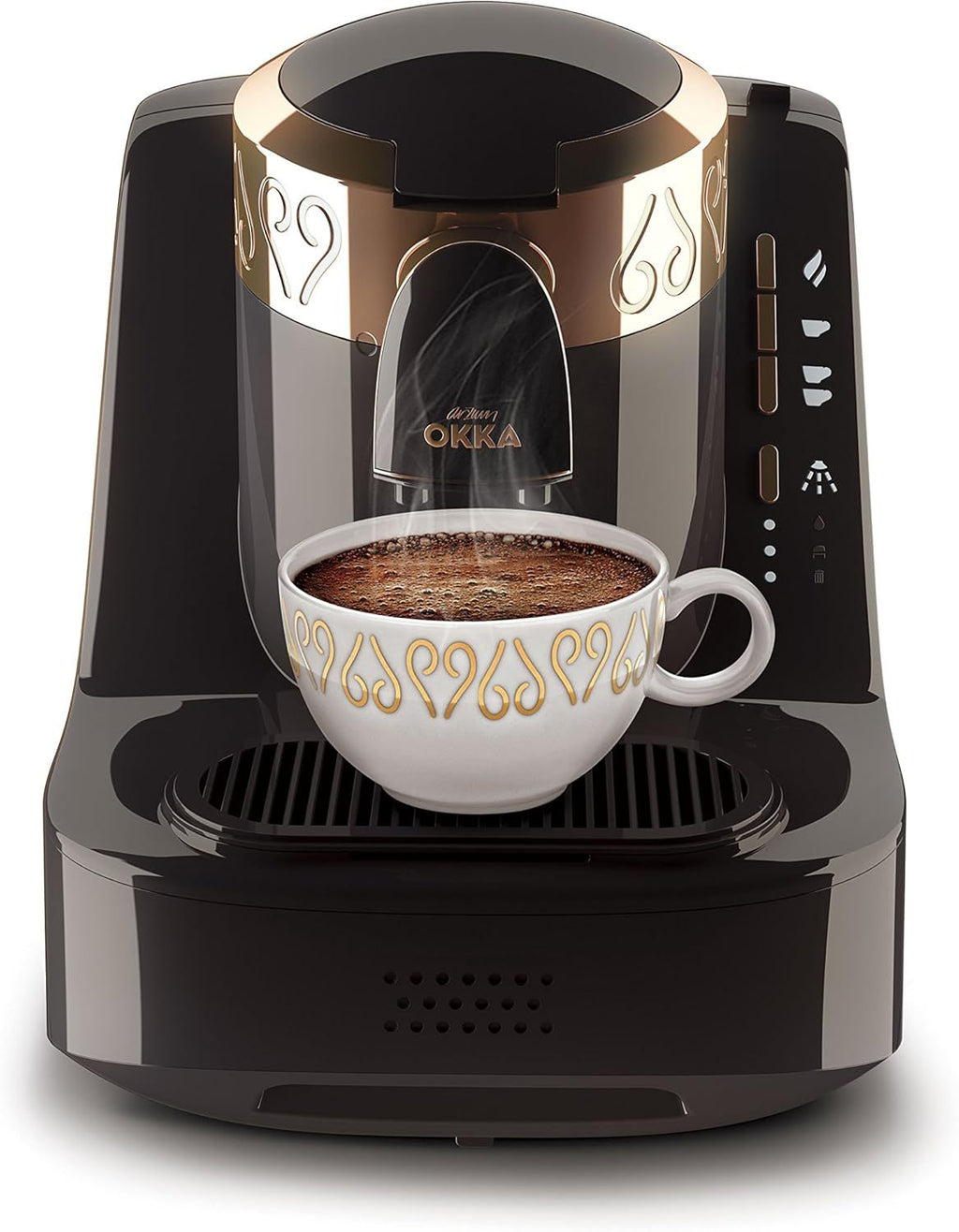 Arzum Okka Türkischer Kaffeemaschine, Vollautomatisch, 3 Tassen Größen, Selbstreinigungsfunktion, 950 ml Wassertank, Überschutzsensor, Kompaktes Design, Schwarz-Gold