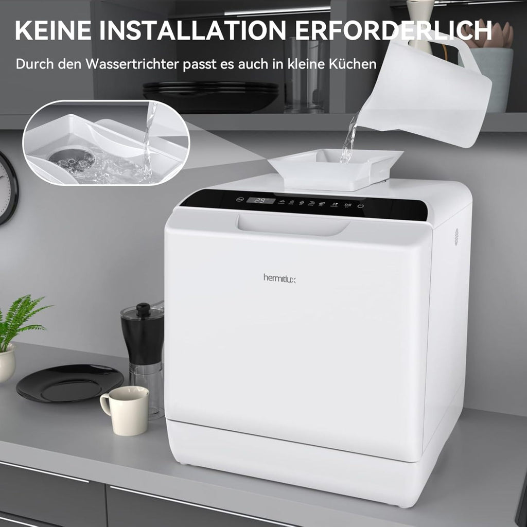 Hermitlux Mini Geschirrspüler, Spülmaschine für 4 Bestecksätze, 5 Liter Wassertank, 6 Programme Mini Tischgeschirrspüler, Perfekt für Wohnungen, Schlafsäle, Camping, Weiß