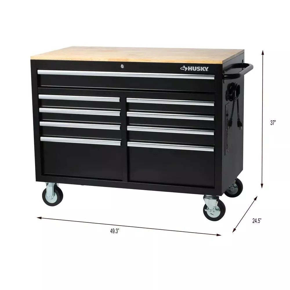 46 Zoll B x 24 Zoll T, tiefer Werkzeugkasten mit 9 Schubladen, glänzend schwarz, mobile Werkbank