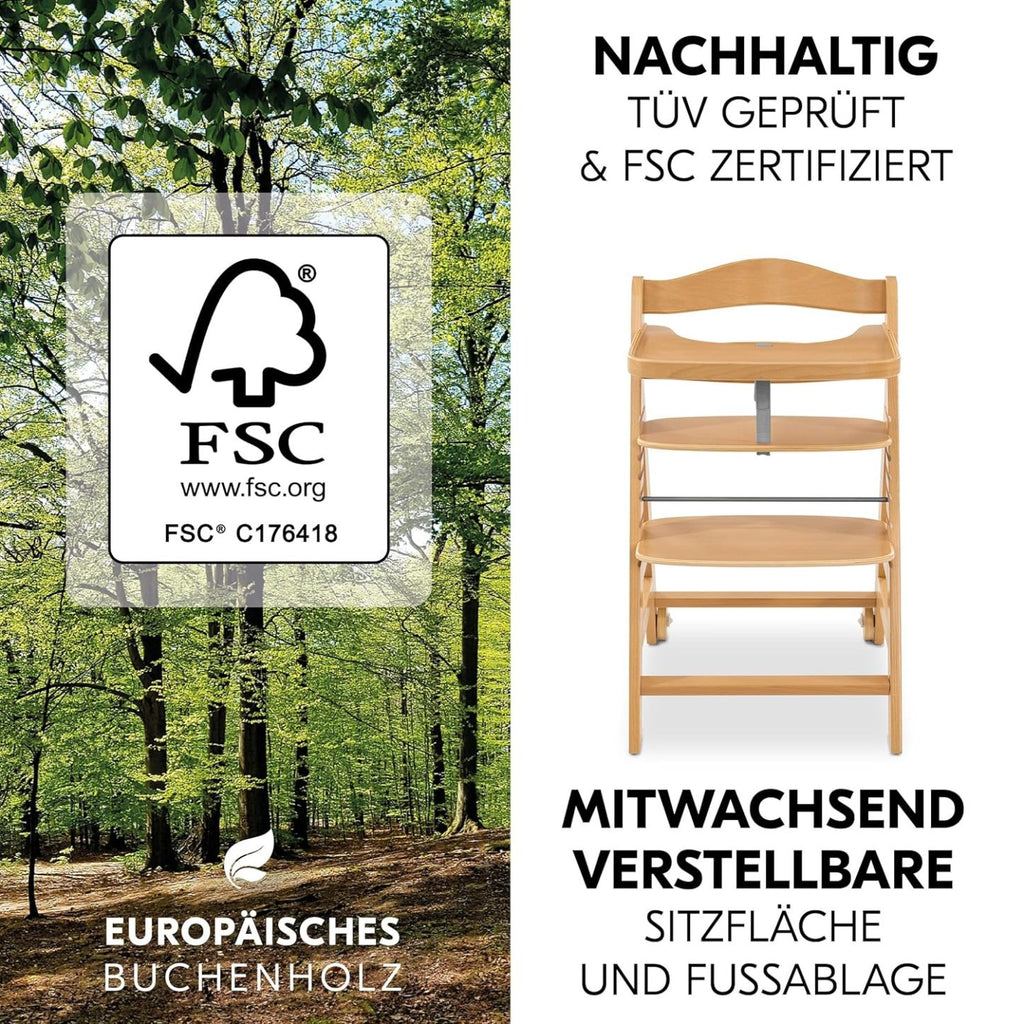 hauck Hochstuhl Beta+ Newborn Set Eco Bouncer - mitwachsender Holz Babyhochstuhl ab Geburt, inkl. Neugeborenenaufsatz, Sitzpolster und Essbrett - Dark Grey