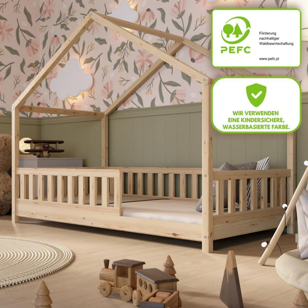 Crazy Pine Hausbett mit Schubladen 200x90 cm – Kinderbett aus Naturholz mit Rausfallschutz – Montessori Bodenbett mit zusätzlichen Stauraum und und Abnehmbarer Barriere - Crazy House
