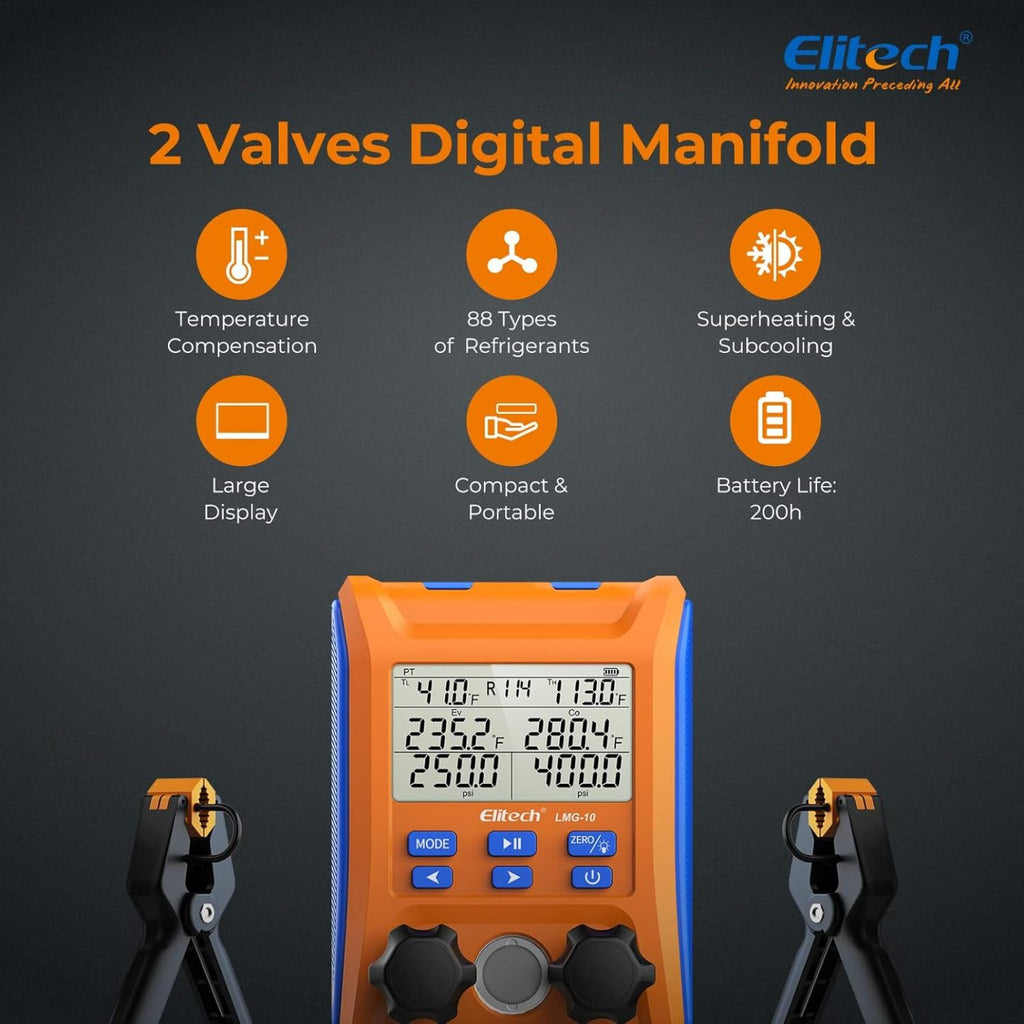 Elitech Kältetechnik die Monteurhilfe Manifold Gauge Set, Hochpräzises Vakuum Drucktemperatur Lecktester Tester Digitales Messgerät für Kühlschränke LMG-10