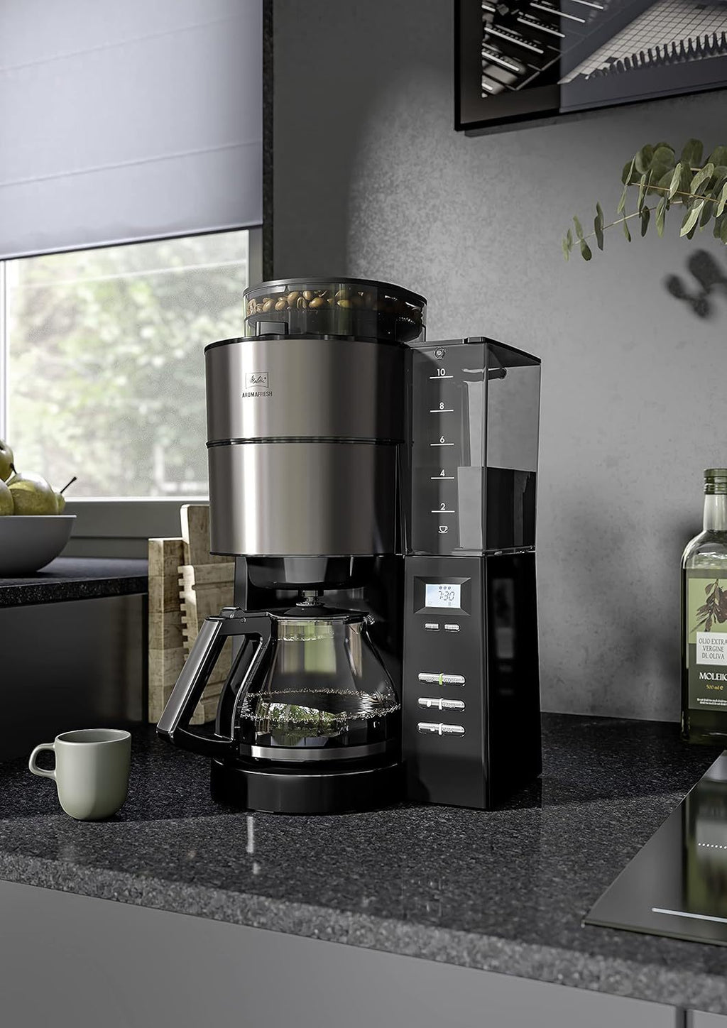 Melitta AromaFresh - Filterkaffeemaschine - mit Glaskanne - integriertes Mahlwerk - Timer Funktion - 10 Tassen - Pure Black