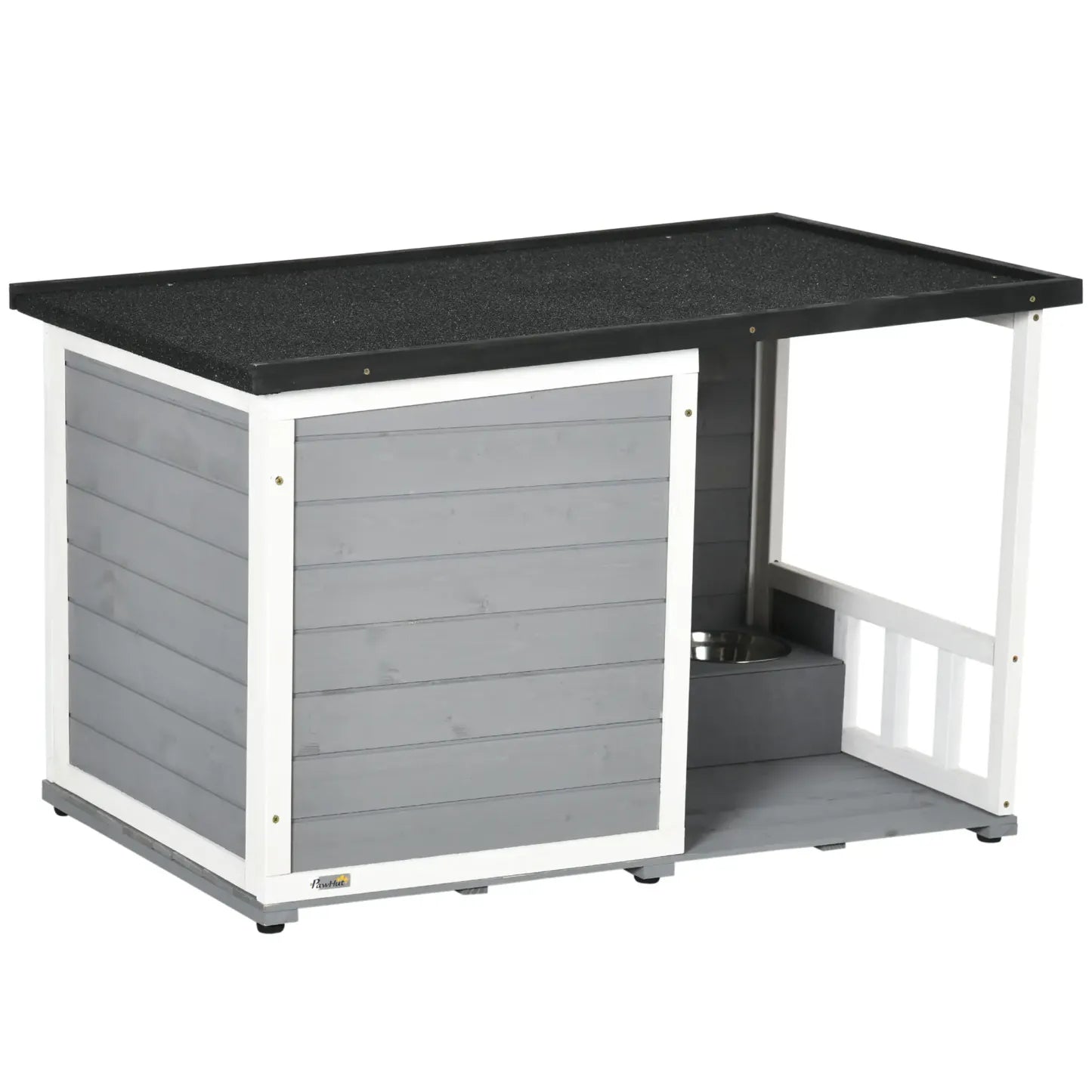 PawHut Hundehütte mit überdachter Veranda und Futternäpfen Outdoor