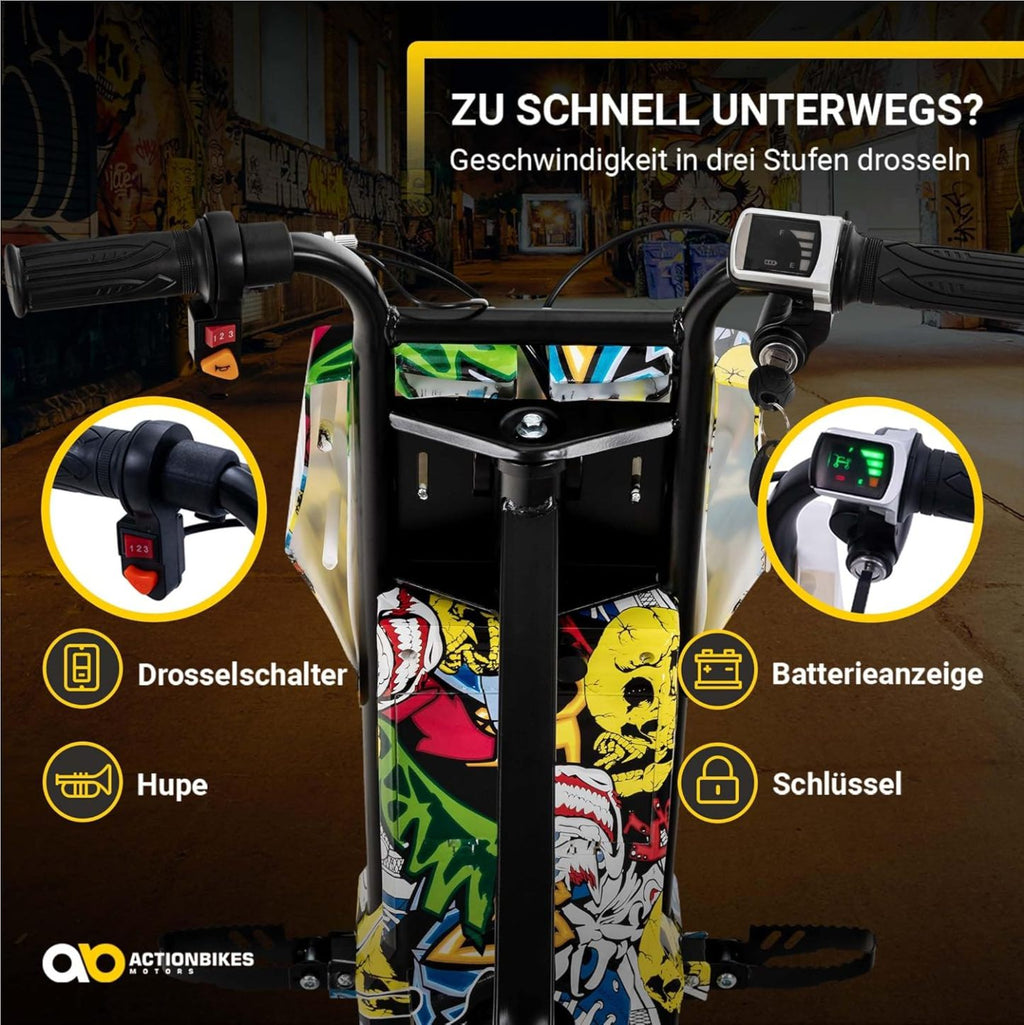 Actionbikes Motors Kinder Elektro Driftscooter | 𝟐𝟓𝟎 Watt Motor - Drift Cart 360°- 3 Geschwindigkeitsstufen - LED-Beleuchtung - Sitz verstellbar - Bluetooth - Drift Kart - Drift Auto (Space Purple)