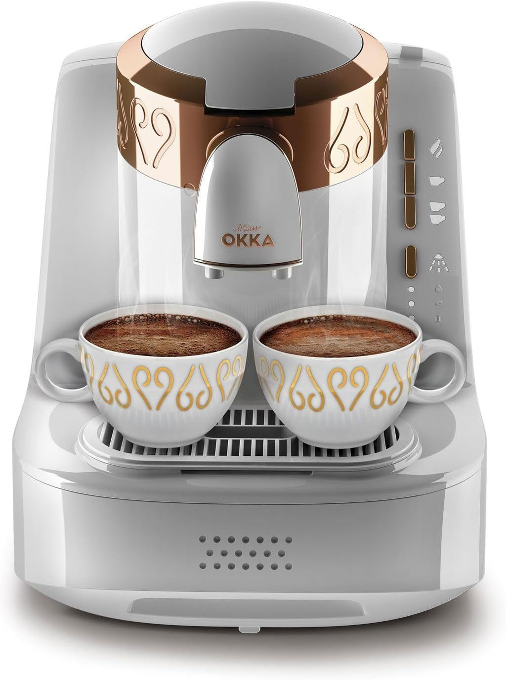 Arzum Okka Türkischer Kaffeemaschine, Vollautomatisch, 3 Tassen Größen, Selbstreinigungsfunktion, 950 ml Wassertank, Überschutzsensor, Kompaktes Design, Schwarz-Gold