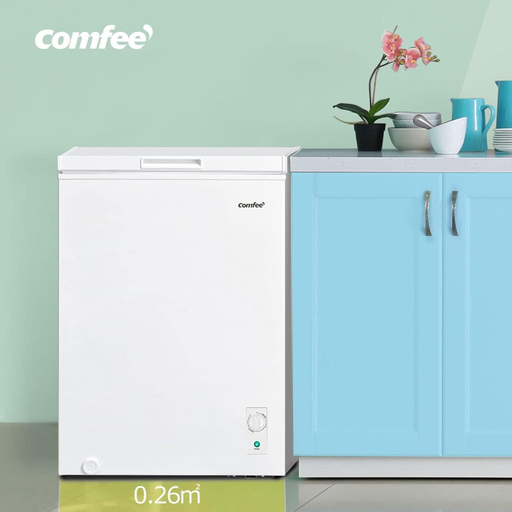 Comfee RCC100WH2(E) Gefriertruhe/169 kWh/Jahr/85cm hoch/99L/38dB/Geringe Lautstärke/Hoch effizientesD-förmigesRohr/Geeignet für verschiedene Einsatzszenarien/Einstellbarer Temperaturregler/Weiß