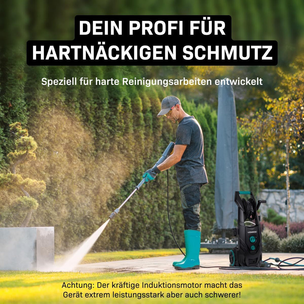 VONROC Profi Hochdruckreiniger 195bar - Fassadenreiniger für schwere Reinigungsarbeiten [2500W] - Hoher Durchfluss [468 l/h] Reinigungstank, Aluminium Pumpe - inkl. Terassenreiniger