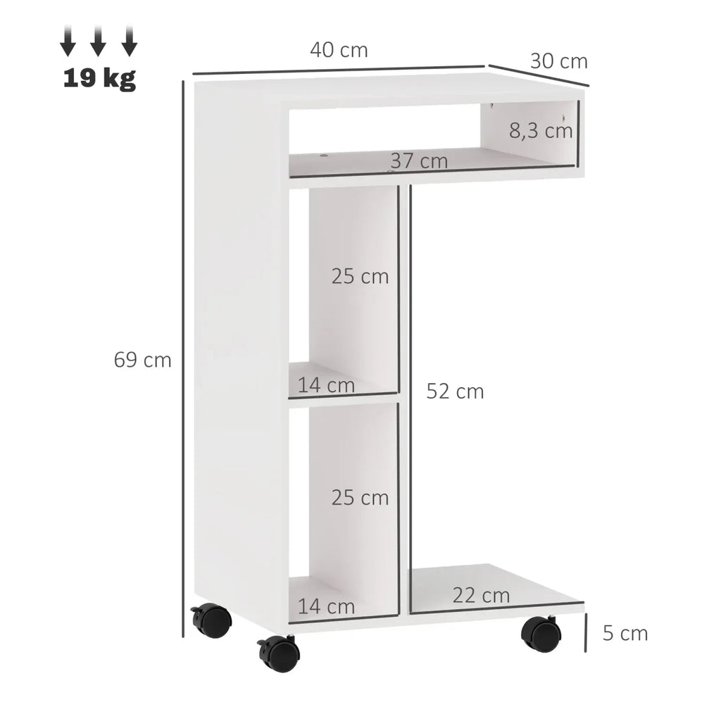 HOMCOM Beistelltisch C-Form mit Rollen und Regalen Weiß