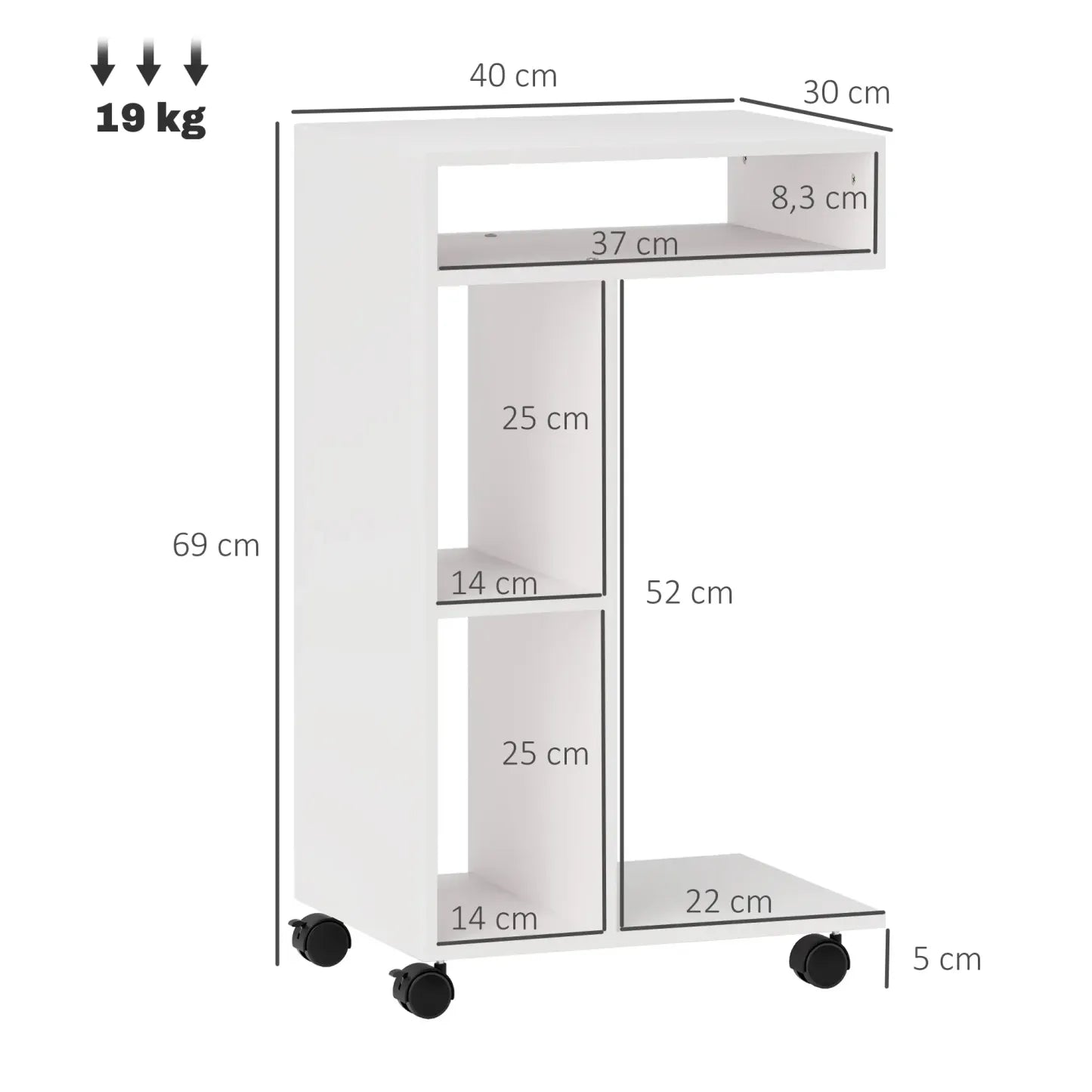 HOMCOM Beistelltisch C-Form mit Rollen und Regalen Weiß