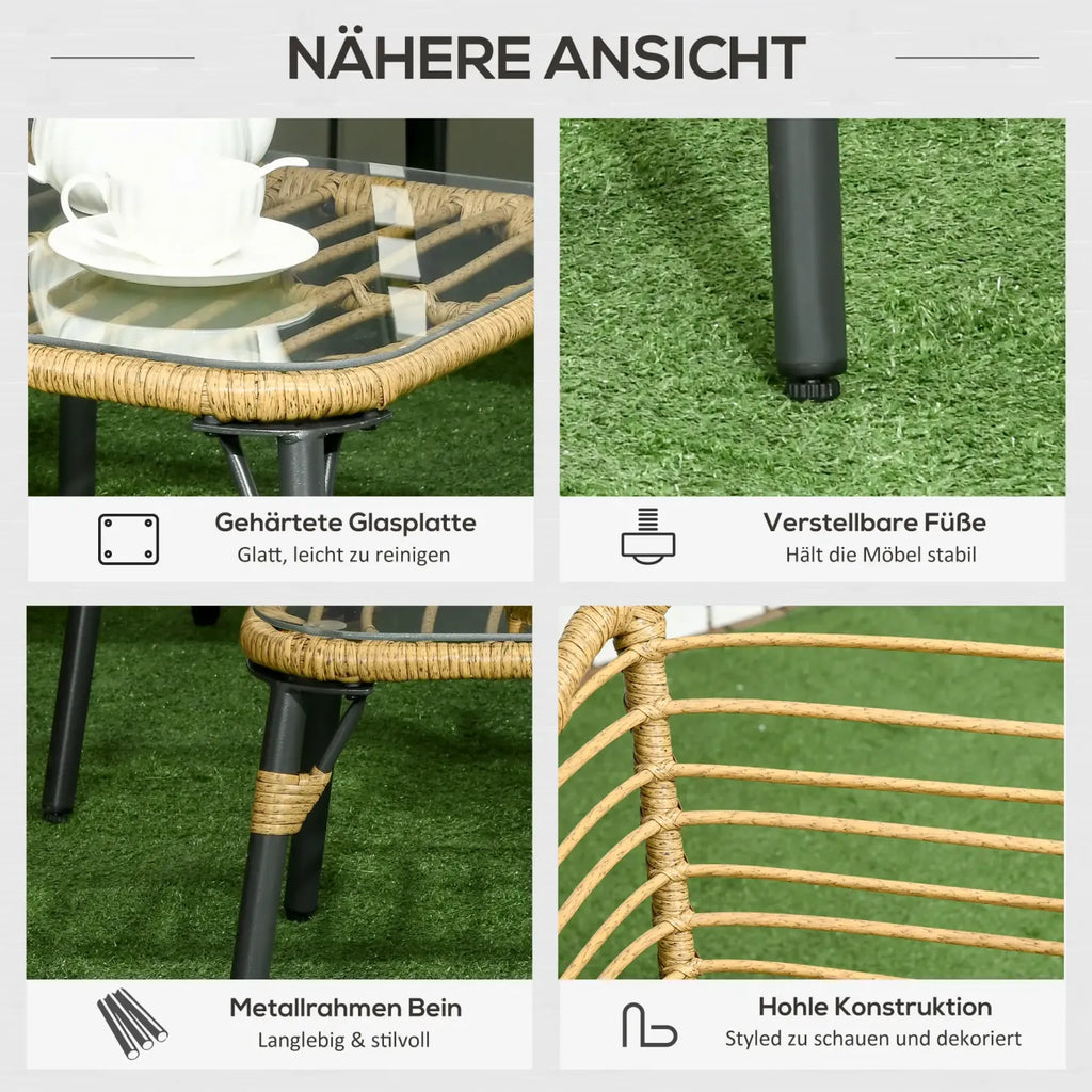 Outsunny Polyrattan Gartensofa-Set 4-tlg. Boho-Stil Glas-Couchtisch