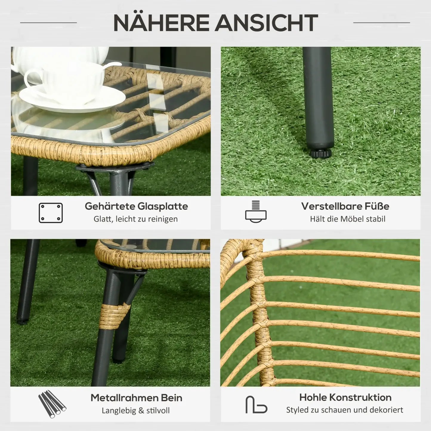 Outsunny Polyrattan Gartensofa-Set 4-tlg. Boho-Stil Glas-Couchtisch